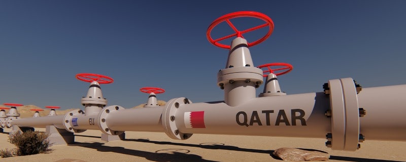 Le gazoduc avec les drapeaux du Qatar et de l’UE. Rendu 3D